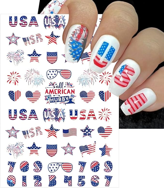 6 Sheets 4th of July Nail Stickers for Nail Art 3D Self-Adhesive Independence Day Nail Decals Star Heart American Flag Nail Design Stickers Patriotic Nail Decor for Women Holiday Nail Art Supplies