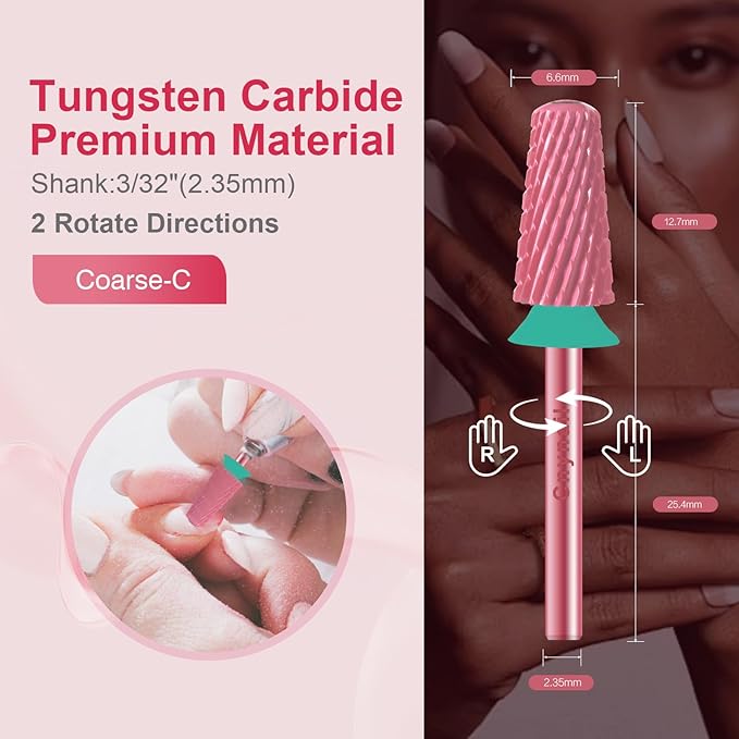 3/32" Large Tapered Smooth Top Bit Tungsten Carbide Nail Drill Bit Safety Bit for Gel & Acrylic Removal, 2- Way Rotating Efile Tip, Salon Electric File Accessory (C Girt, Rose Red)