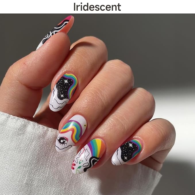 Semi Cured Gel Nail Strips, Iridescent | 28 pcs Gel Nail Strips Work with Any UV Lamp, Salon Quality UV Nails Stickers, Easy to Apply for Home Nails DIY