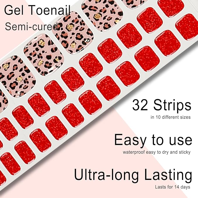 Semi Cured Gel Toenail Strips, 32 Red Leopard Gel Toenail Stickers - Works with Any UV Lamps Pedicure Strips Full Nail Wraps with Nail File & Wood Stick