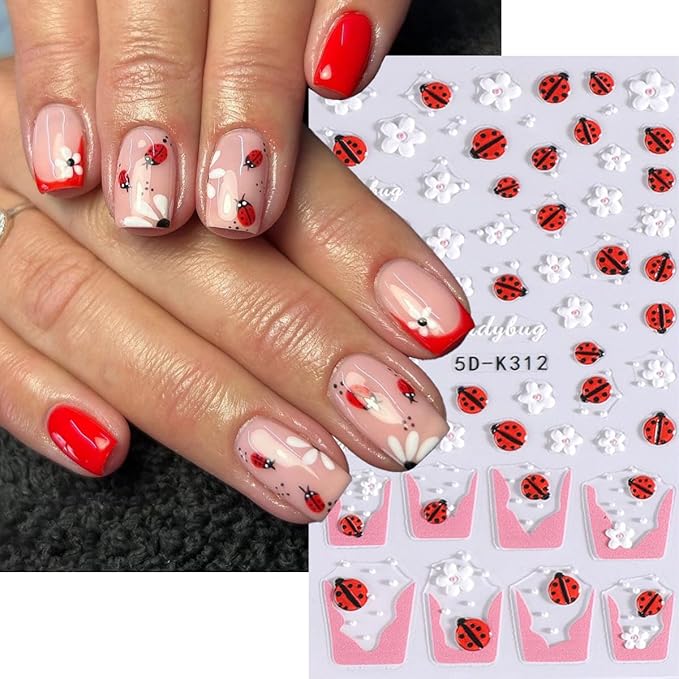 Flower Nail Sticker French Tips Nail Decals Insect Nail Art Stickers Bee Ladybug Daisy Five Petal Floral White Yellow Pink Design Cute Nails Stickers for Nails Art Summer Manicure Decor for Women