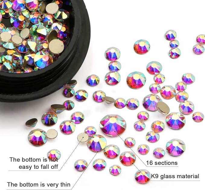 Crystal AB Rhinestones for Nails, 240pcs Multi Shape Flatback Jewels Iridescent Color With Shiny 16 Cutting Facets Quality Rhinestones for Makeup Clothes Bags Jewelry