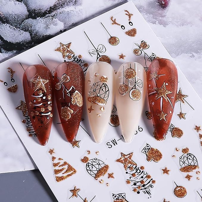 3 Sheets Christmas Nail Art Stickers Flower Nail Decals with Xmas Tree Elk Colored Light Snowflakes Design 3D Self-Adhesive Nail Stickers Acrylic Nail Supplies for Women DIY Christmas Decorations