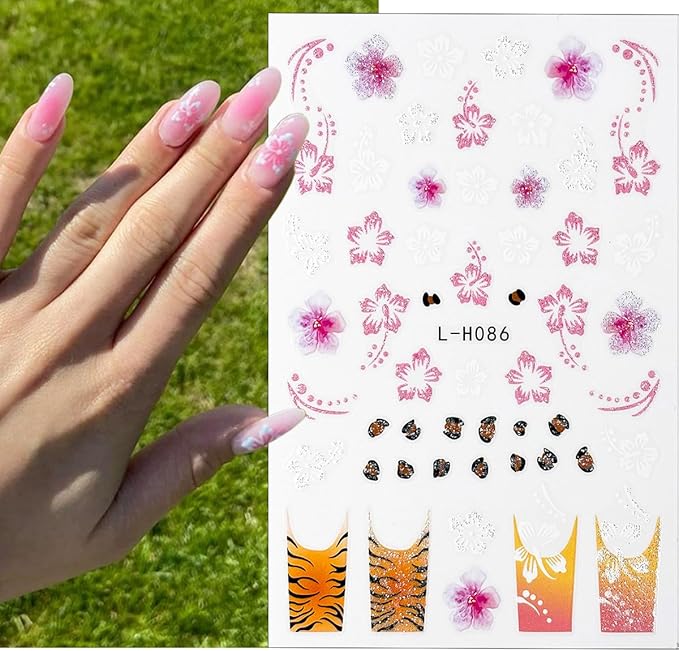 6Pcs Flower Nail Art Stickers 3D Glitter Hibiscus Nail Decals Pink Yellow Green Floral Nail Design Stickers French Tip Nail Art Sticker Spring Butterfly Nail Decoration Supplies for Women Manicure