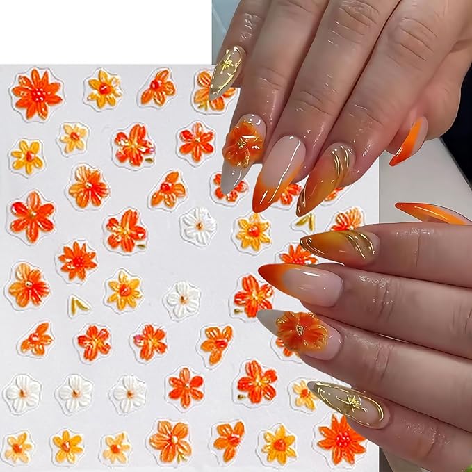 4sheets 5D Embossed Flower Nail Art Stickers Self Adhesive Fall Yellow Flowers Nail Stickers Autumn Orange White Daisy Nail Decals Orange Petal Daisies Nails Supplies for Women Manicure Accessories