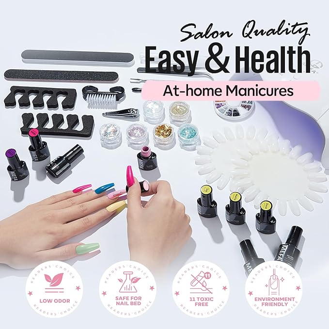 MEFA 56 Pcs Gel Nail Polish Kit with U V Light, 32 Colors Hot Pink Colorful Gel Nail Kit Glitter nail Polish Set Nail Art Decorations Manicure Tools DIY Gifts