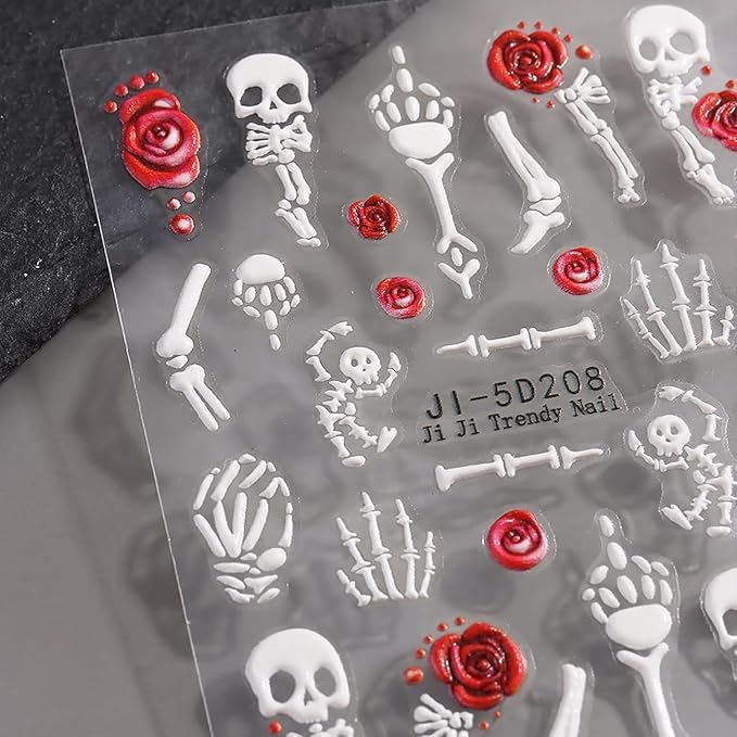 Halloween Nail Stickers 5D Embossed Skull Skeleton Nail Decals DIY Self Adhesive Nail Design Sticker Halloween Nail Decoration Supplies Holiday Manicure Accessories for Women Girls 3Pcs