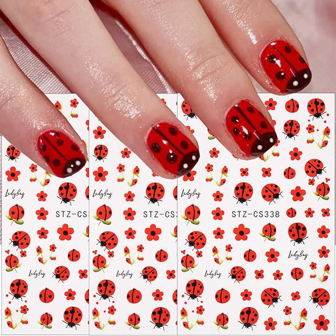 6Sheets Spring Nail Art Stickers Decals 3D Self Adhesive Ladybug Nails Decals Red Flower Nail Stickers Summer Insect Animal Floral Nails Design Sticker Cute Manicure Supplies for Women Girl DIY Charms