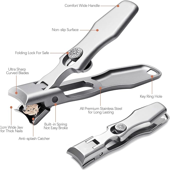 Curved and Slanted Nail Clippers for Men Thick Toenails and Fingernail, Wide Jaw Opening Ultra Sharp Heavy Duty Long Handle Stainless Steel Toenail Clippers Set for Seniors, Adults, Women