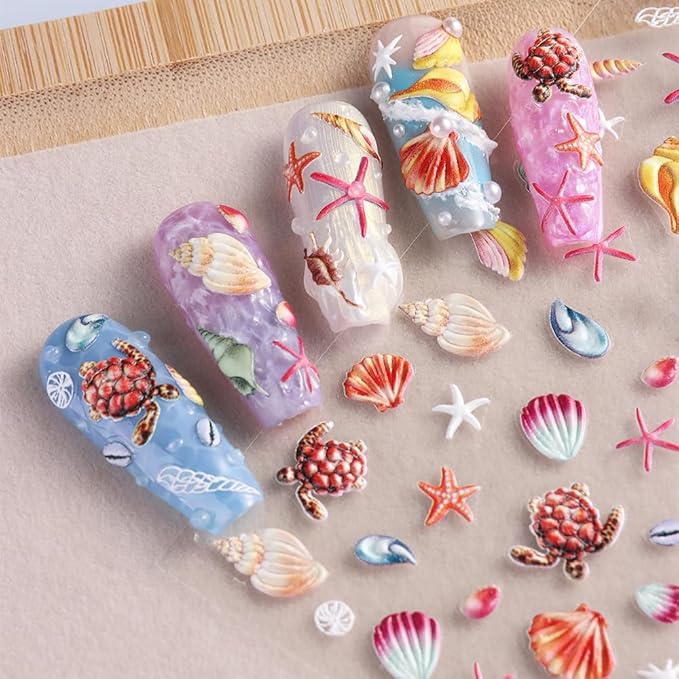 1 Sheets Summer Nail Stickers for Nail Art 5D Embossed Conch Starfish Nail Decals Ocean Beach Nail Art Stickers Self-Adhesive Sea Turtles Seashell Nail Design Decals for Women Acrylic Nails Supplies