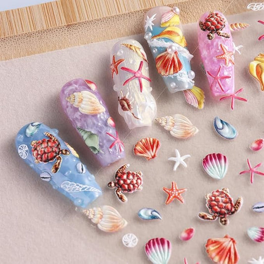 1 Sheets Summer Nail Stickers for Nail Art 5D Embossed Conch Starfish Nail Decals Ocean Beach Nail Art Stickers Self-Adhesive Sea Turtles Seashell Nail Design Decals for Women Acrylic Nails Supplies