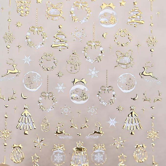 Christmas 5D Embossed Nail Art Stickers for Rhinestones - Self Adhesive Gold Xmas Trees, Snowman, Reindeer, Snowflake Design - Cute Winter Star Stickers for Women