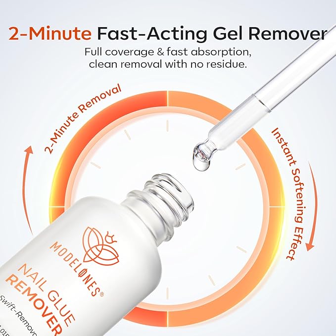 modelones 30ml Nail Glue Remover for Press On Nails, Upgrade Clear Stick On Nails Remover for Acrylic Tips, Nail Polish Remover with Wood Stick