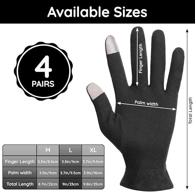 Segbeauty 8 Counts Elastic Touchscreen Black Sleeping Cotton Gloves Liners, 4 Pairs Hand Moisturizer Gloves with Elastic Band, Soft Sleeping Work Glove for Dry Hands Overnight Care Lotion Cotton Glove