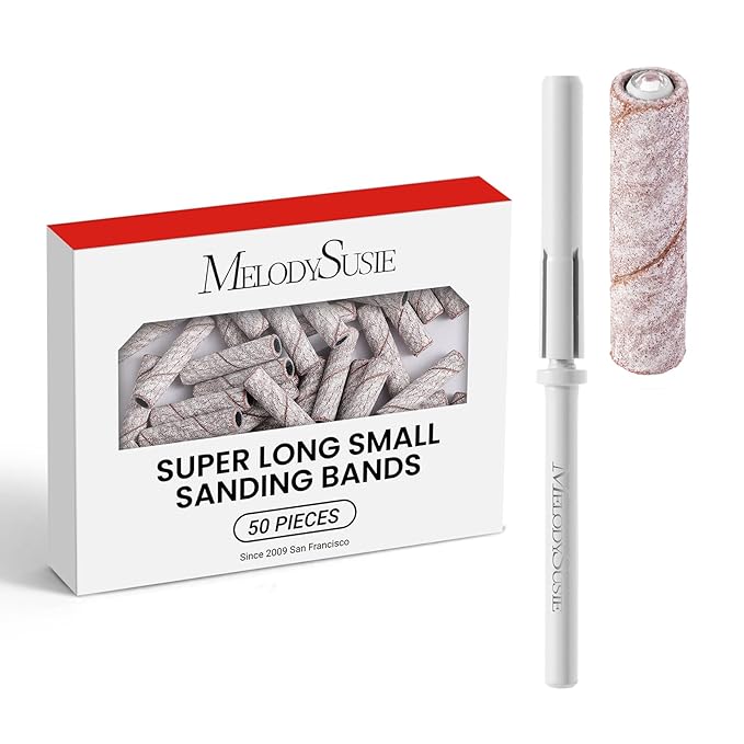 MelodySusie 50 Pcs Nail Drill Bits Super Long Small Sanding Bands with 3.1mm Crystal Mandrel Bit, 240 Extreme Fine Grit Nail File for Acrylic Nails Gel Manicures and Pedicure, Zebra