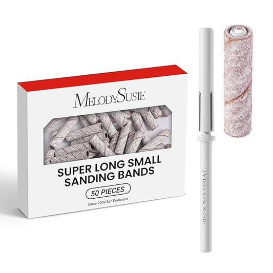 MelodySusie 50 Pcs Nail Drill Bits Super Long Small Sanding Bands with 3.1mm Crystal Mandrel Bit, 240 Extreme Fine Grit Nail File for Acrylic Nails Gel Manicures and Pedicure, Zebra