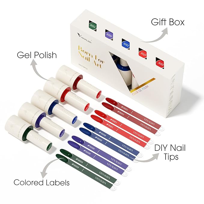 VENALISA Gel Nail Polish Set, 5 Colors 10ML Gel Polish Kit Red Orange Purple Dark Green Navy Blue Color Soak Off Salon Manicure DIY at Home Nail Art For Girls Women