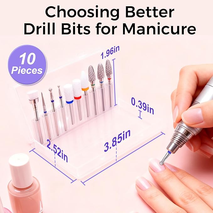 Fantexy 10Pieces Ceramic Nail Drill Bits, 3/32 Inch Professional Acrylic Nail Bit Set,Nail File Bits Nail Art Tools For Electric Manicure Machine Home Salon Use