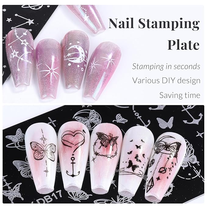AddFavor Nail Stamping Plate Kit with Nail Stamp and Scraper, 5pcs Star Butterfly Geometric Nail Stamper Kit for Home Salon Manicure Polish Print Stencils Design Tools