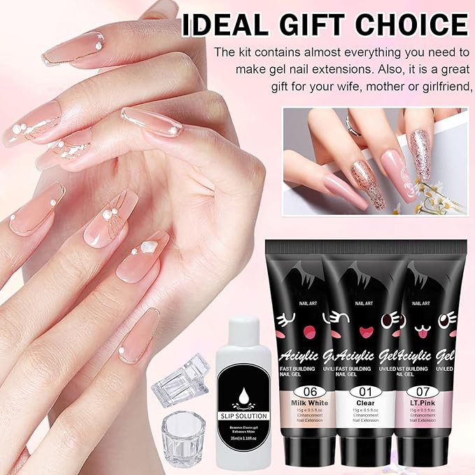 Poly Nail Gel Kit,10PCS Poly gel Nail Kit Starter Kit,Clear White Pink Builder Nail Gel,Kit De Poly gel Para Uñas Completo,with Slip Solution Dual Nail forms,Nail Clips for Poly Gel