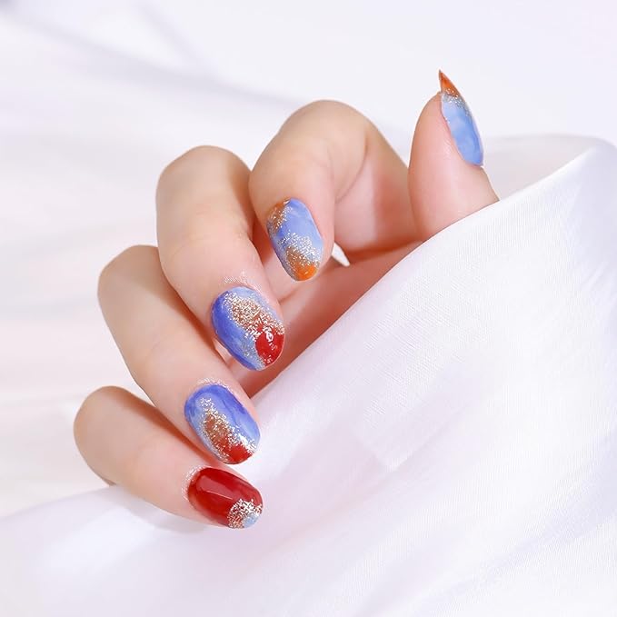 Semi Cured Gel Nail Strips-Blue Sky Press on Nails with Red Clouds Aurora Shimmer & Color Shifting Glitter, Coffin Semi Cured Gel Nail Strips, Dreamy Nail Art(Dreamscape Gradient)