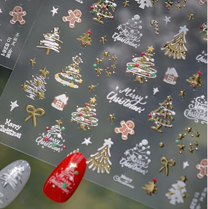 Christmas Nail Stickers Gold Nail Sticker for Nail Art Winter 5D Self-Adhesive Nail Decals Bow Gingerbread Man Nails Design Christmas Tree Nails Supplies Decoration for Women and Girls