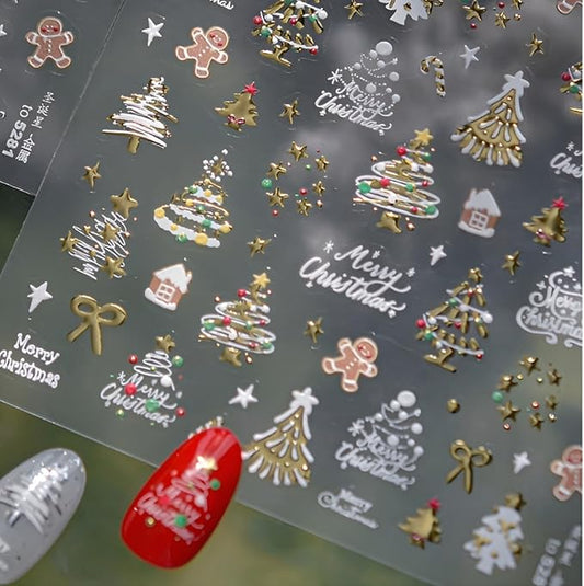 Christmas Nail Stickers Gold Nail Sticker for Nail Art Winter 5D Self-Adhesive Nail Decals Bow Gingerbread Man Nails Design Christmas Tree Nails Supplies Decoration for Women and Girls