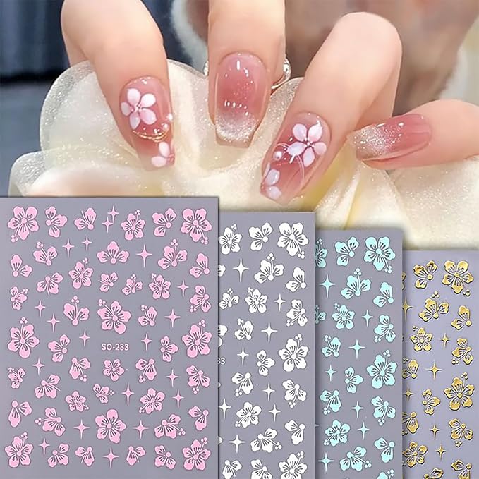 8Sheets Hibiscus Flower Nail Stickers - 3D Self-Adhesive Nail Decals in Gold, Silver, Blue, Pink & Holographic for Women's Manicure