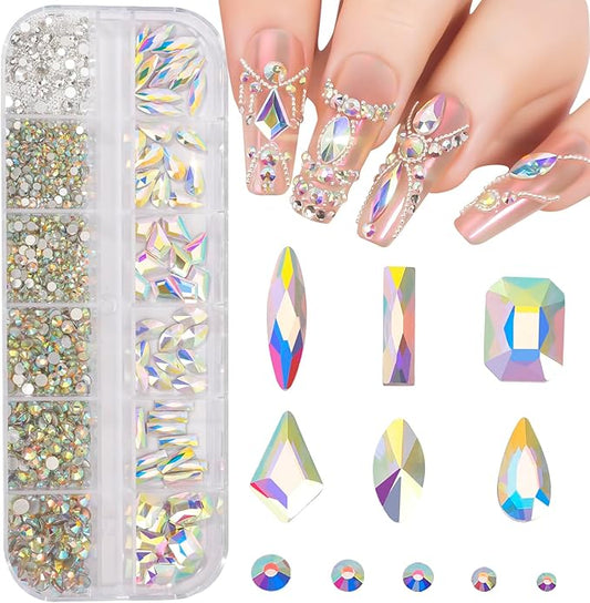 Multi Shapes AB 3D Glass Crystal Nail Rhinestones Kit Mix 0.8mm Silver Nail Round Beads Charm Flatback Gems 5 Grids Flatback Rhinestones Stone Diamond for Manicure Makeup DIY Decoration