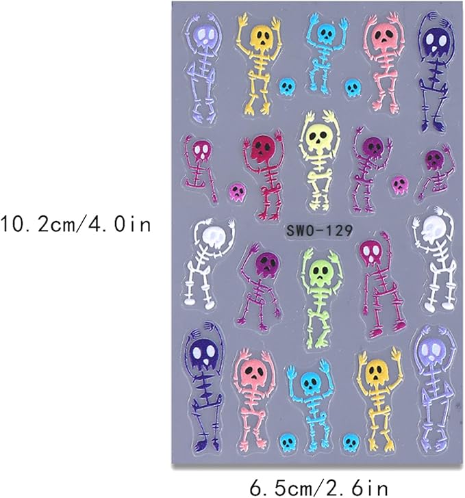 3 Sheets Halloween Skeleton Man Nail Art Stickers 5D Embossed Colorful Skull Nail Decals Funny Skeleton Bone Self-Adhesive Sliders Halloween Nail Art Supplies for Women Acrylic Nail Art Decorations