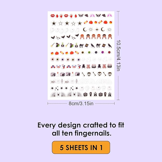 Halloween Nail Decals – 5 Sheets Bratrico 5D Halloween Nail Stickers, Self-Adhesive with Witch, Gothic, Creepy Cute， Horror Movie Designs Manicure Set for Family Time, Women, Girls & Teens