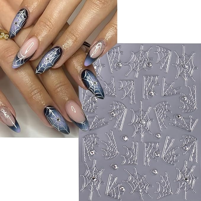 4 Sheets 5D Embossed Halloween Nail Stickers for Nail Art Self-Adhesive Ghost Spider Web Spider Nail Decals Laser Gold Silver Rhinestones Nail Designs Stickers Holiday Nails Supplies for Women DIY