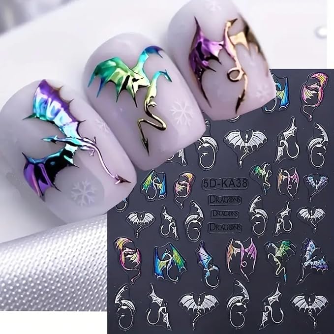 Halloween Bat Nail Art Stickers 5D Embossed Colorful Silver Bats Dragon Nail Decals Self-Adhesive Laser Gothic Dragons Nail Designs Manicure Sliders Halloween Nail Supplies for Women Nail Decor, 2PCS