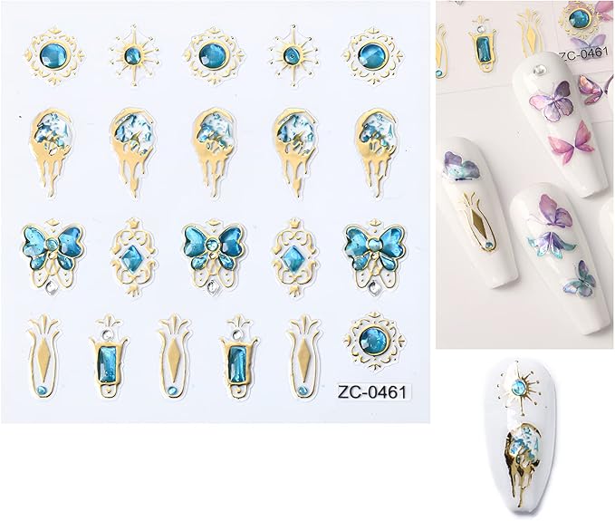 5 Sheets 5D Bronzing Nail Art Stickers Decals,Fishtail Shell Embossed Self-Adhesive Nail Sticker Gemstone Flower Heart Sun Gold Metal Design Nail Art Supplies for Nail DIY Decoration for Women