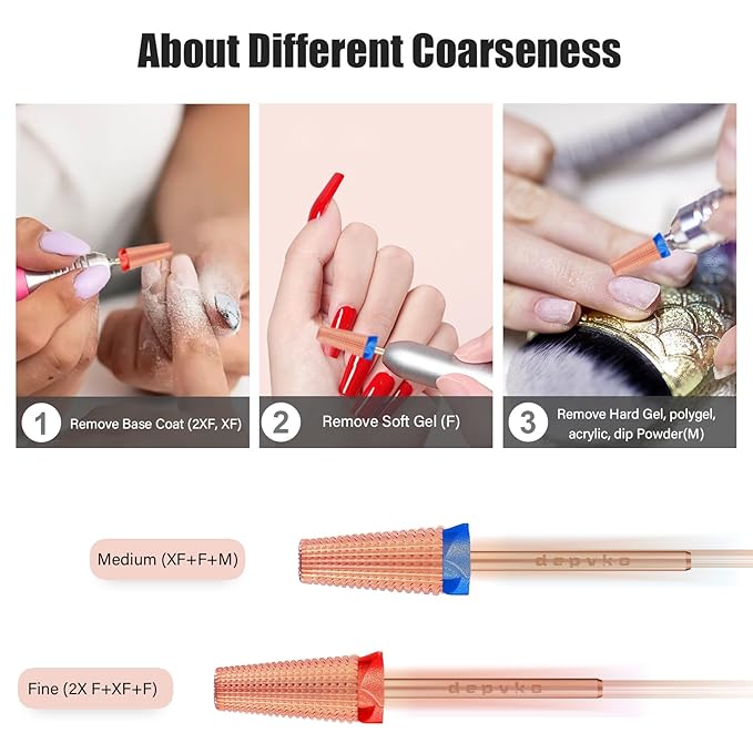 Depvko 5 in 1 Nail Drill Bits, 3/32'' Carbide Tungsten Bits, Two Way Rotate Professional Advanced Safety Bits for Nail, Fast Remove for Manicure Pedicure (Classic 5in1-Rose Gold, Fine-F)