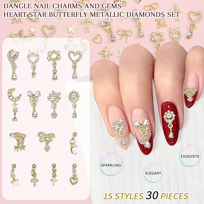 100Pcs Dangle Gold Nail Charms, Gold Cross Star Heart Crown Planet Bows Butterfly Nail Gems Charms, Golden Nails Art Supplies Women DIY Accessories
