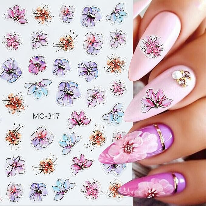 4 Sheets Shiny Flower Nail Stickers for Nail Art 3D Glitter Purple Golden Flower Nail Design Stickers Purple Golden Glossy Nail Decals Holographic Nail Supplies for Women DIY Nails Art Decoration
