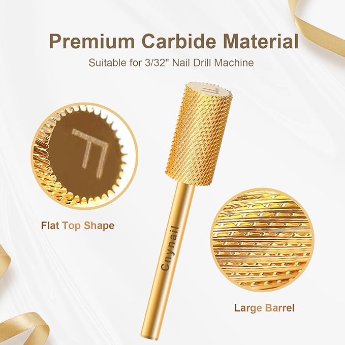 3/32" Large Barrel Flat Top Tungsten Carbide Nail Drill Bit Safety Bit for Gel & Acrylic Removal, 2-Way Rotating Efile Tip, Salon Electric File Accessory (F Grit, Gold)