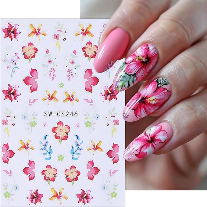 6Sheets Flower Nail Stickers Retro Style Floral Nail Art Stickers Spring Summer Nails Decals Cherry Blossom Kapok Daisy Nails Design Supplies Colorful Flower Sticker for Women Acrylic Manicure Decor