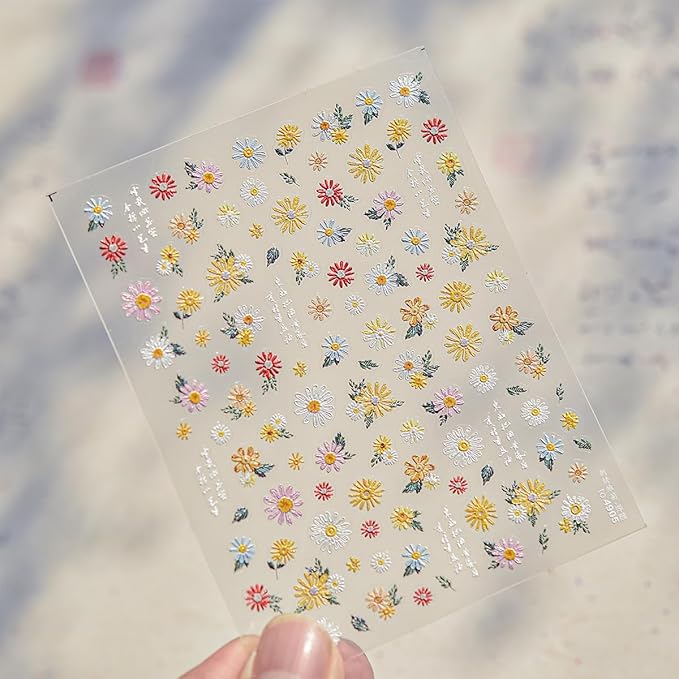 Flower Nail Stickers 5D Embossed Nail Art Stickers White Daisy Floral Self-Adhesive Nail Decals Spring Summer Nails Design Manicure Sliders for Women Girls Nails Art Decoration