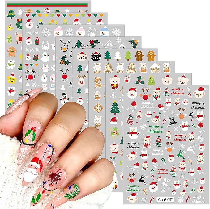 8 Sheets Christmas Nail Art Stickers 3D Snowflakes Elk Santa Claus Nail Stickers for Nail Art Self-Adhesive Winter Xmas Nail Art Supplies Designs Holiday Nail Decals for Women Acrylic DIY Nails