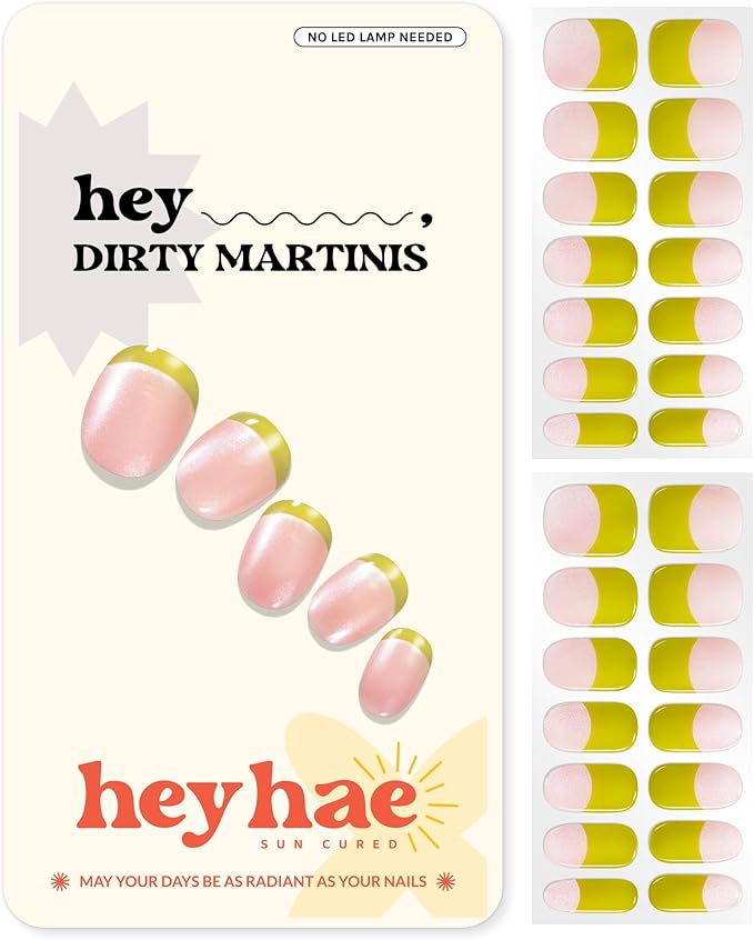Heyhae Semi Cured Gel Nail Strips | No LED Lamp Needed | French, Green, Spring | Easy Apply & Remove, Salon Quality | Includes 28 Strips, 1 Prep Pads, Nail File & Wooden Stick - Hey, Dirty Martinis