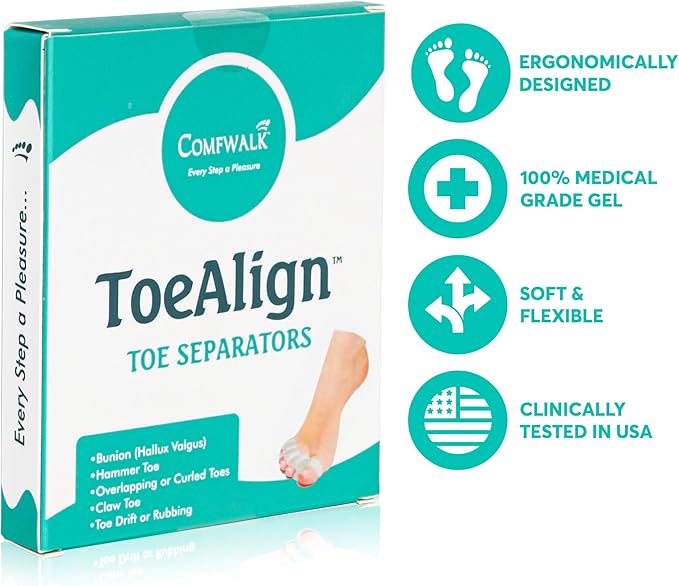 Comfwalk® ToeAlign™ – Toe Separators for Men & Women – Toe Straightener Stretcher – Corrects Bunions, Overlapping Toes, Hammer Toes, Claw Toes – Soft Medical-Grade Silicone Toe Spacers (Transparent)