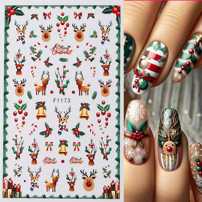 5 Sheets Christmas Nail Art Stickers Elk Nail Decals with Cartoon Xmas Tree Santa Claus Snowman Design 3D Self-Adhesive Nail Stickers Acrylic Nail Supplies for Women DIY Christmas Decorations