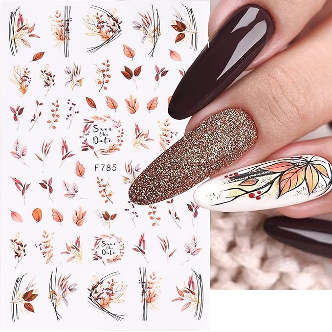 6Sheets Fall Nail Art Stickers Gold Yellow Maple Leaf 3D Self-Adhesive Nail Decals Cute Squirrel Elk Designs Autumn Nail Decorations Thanksgiving Nail Supplies for Women Girls DIY Nail Accessories