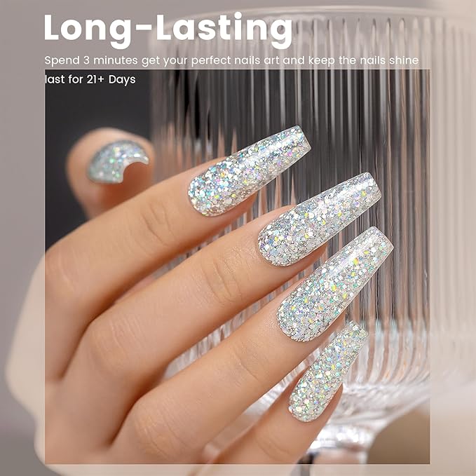 RARJSM Silver Glitter Gel Nail Polish Diamond Gelpolish Silver White Big Flakes Sparkly Chunky Iridescent Pigments Nail Gel Polish Soak off L e d U V Curing Required for Nail Art Salon Manicure