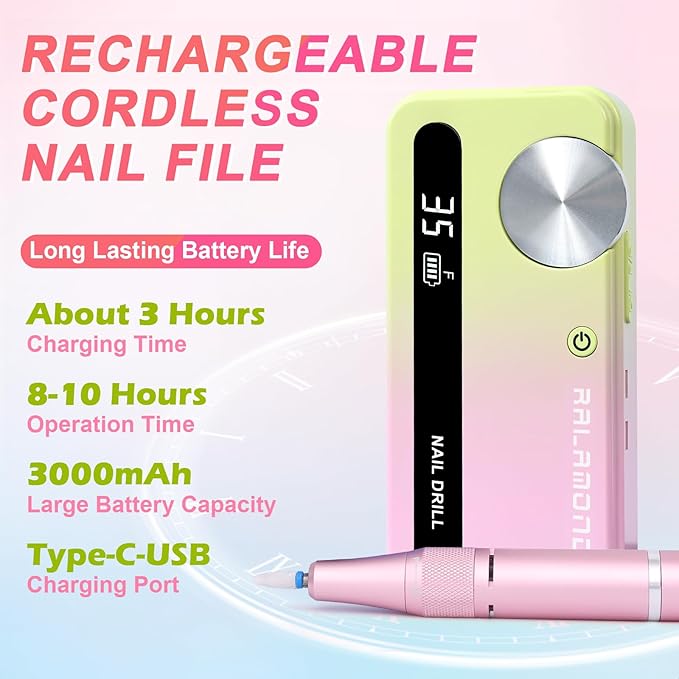 Electric Nail File, 35000RPM Nail Drill Kit with Bits, Professional Nail Drill Cordless for Acrylic Nails, Portable Rechargeable Nail Filer Electric, Efile Nail Drill Acrylic Nails Tool (Yellow Pink)