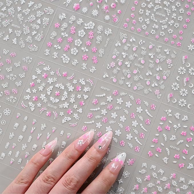 30 Sheets Flower Nail Stickers Floral Nail Art Stickers 3D Embossed Self Adhesive Nail Decals Rose Butterfly Star Heart Nails Design Nail Art Decals for Women Manicure DIY Decoration