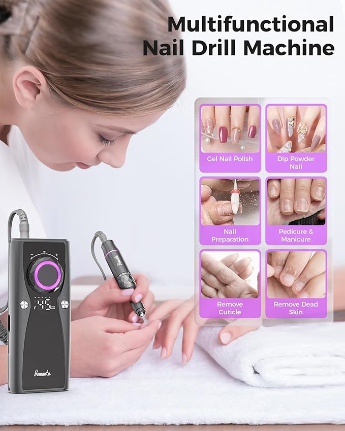 Electric Nail Drill Professional Kit: 45,000 RPM USB Rechargeable Efile Nail Drill Nail File with 12 Bits for Polishing Gel/Acrylic Nails- Portable Manicure Tool Set for Salon/Home-Black