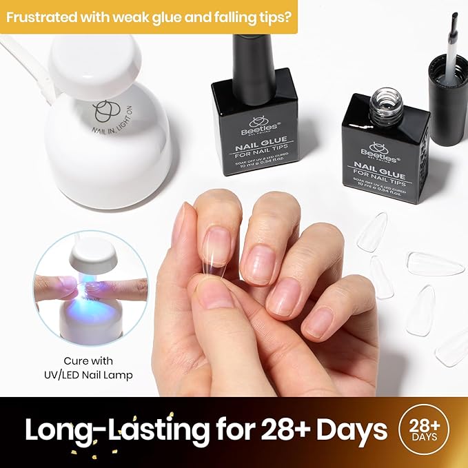 Beetles 9 in 1 Gel Nail Glue for Acrylic Nails Tips, 2 Pcs 10ml Super Strong Nail Glue for Clear False Nails Tips Base Coat Rhinestones Blooming Art Christmas Nails Long Lasting U V Light Cure